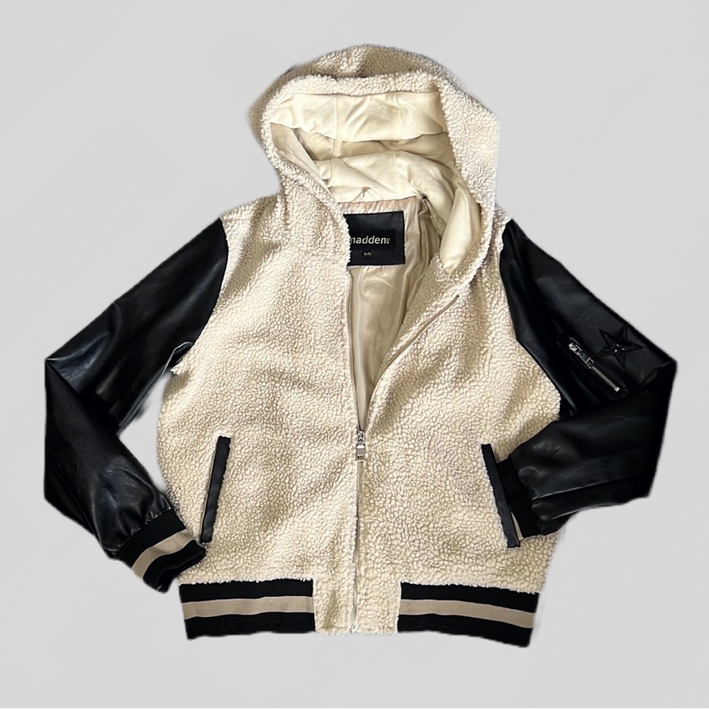NWOT Madden NYC Cream Black Sherpa Varsity Jacket Women’s XL Faux Leather Bomber